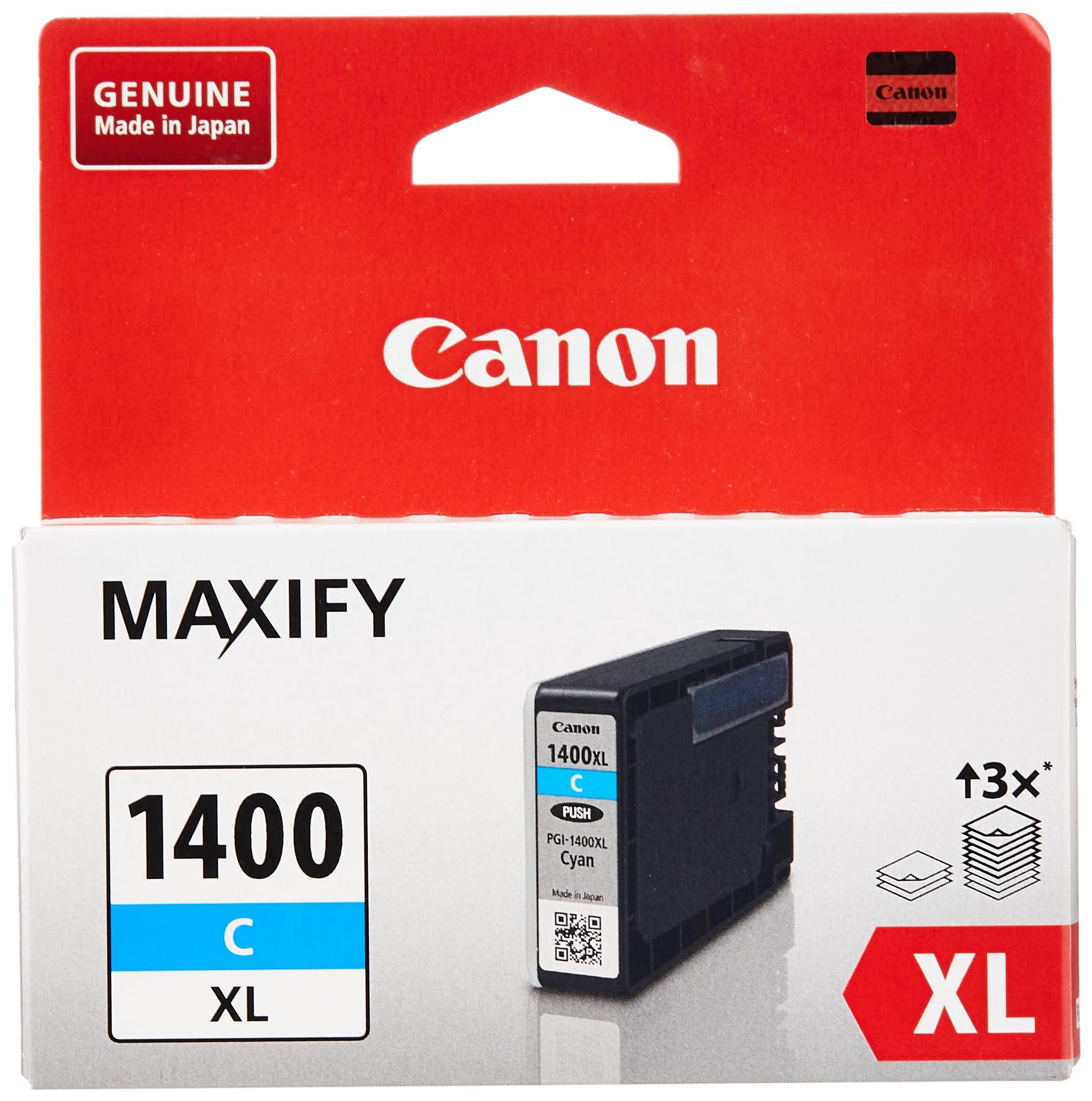 Canon Maxify 1400 XL cyan (C) ink cartridge in its original retail packaging, featuring a red and white box with product details and a graphic of the black ink cartridge.
