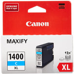 Canon Maxify 1400 XL cyan (C) ink cartridge in its original retail packaging, featuring a red and white box with product details and a graphic of the black ink cartridge.