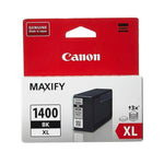 Canon MAXIFY 1400 XL black ink cartridge retail packaging, showing a red top header with the Canon logo and a white lower section with product details and a small photo of the black cartridge.