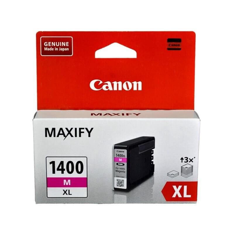 Canon MAXIFY Maxify XL 1400 Magenta (M) ink cartridge retail packaging, featuring a red and white box with a picture of the black and magenta cartridge.
