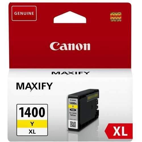 Canon Maxify 1400 Yellow XL genuine replacement ink cartridge in its retail packaging, featuring a red and white box with a clear window showing the black and yellow cartridge.