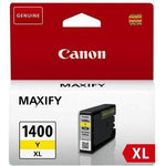 Canon Maxify 1400 Yellow XL genuine replacement ink cartridge in its retail packaging, featuring a red and white box with a clear window showing the black and yellow cartridge.
