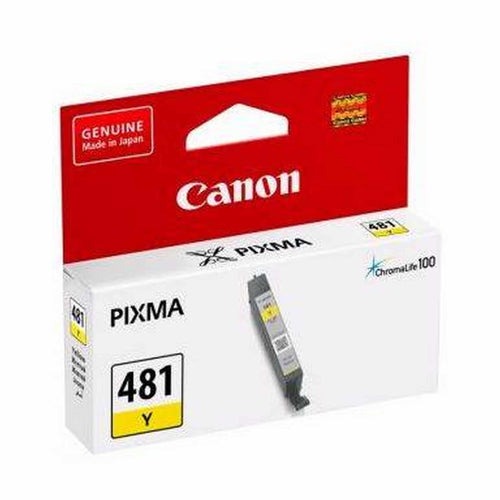 Canon PIXMA 481 Yellow ink cartridge in its original white and red retail packaging, featuring the Canon and Pixma logos.