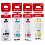 Four Canon PIXMA 41 ml ink cartridges in black, cyan, magenta, and yellow, each shown in its original red and white retail packaging against a white background.
