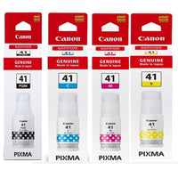 Four Canon PIXMA 41 ml ink cartridges in black, cyan, magenta, and yellow, each shown in its original red and white retail packaging against a white background.