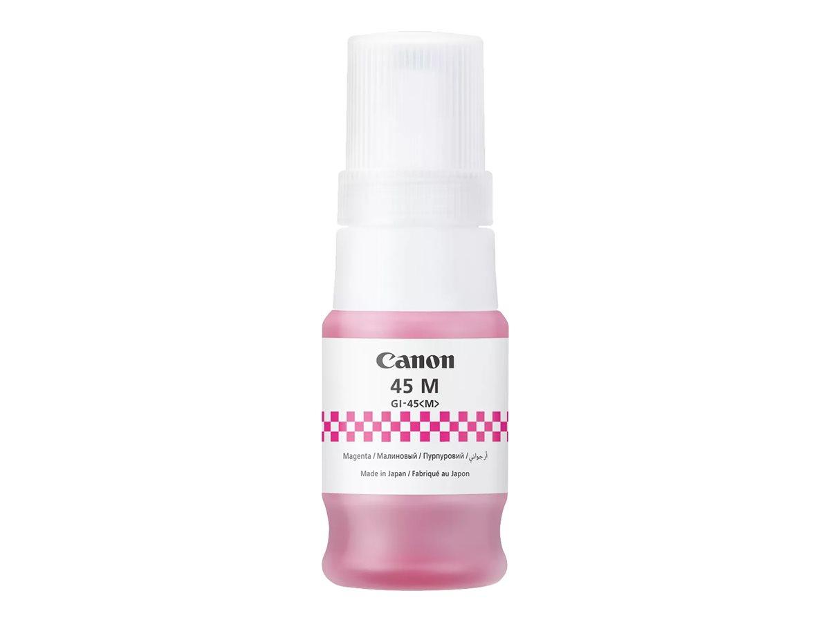 Canon ink bottle with pink and white design on a white background