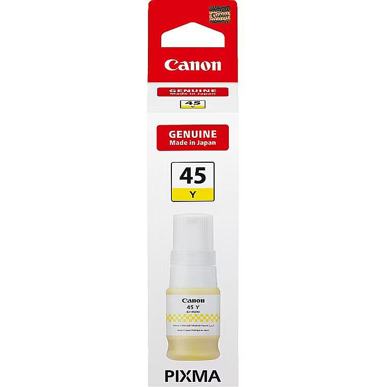 Canon PIXMA 45 Yellow ink cartridge in its original retail packaging, featuring a red and white hanging card with the Canon logo and a clear bottle showing the yellow ink inside.