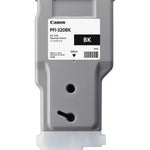 Canon PFI-320BK black ink cartridge in a gray plastic housing with a white label, shown on a plain white background.