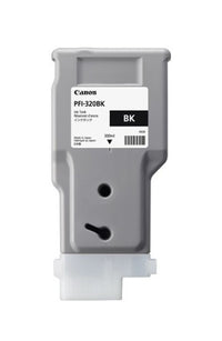 Canon PFI-320BK black ink cartridge in a gray plastic housing with a white label, shown on a plain white background.