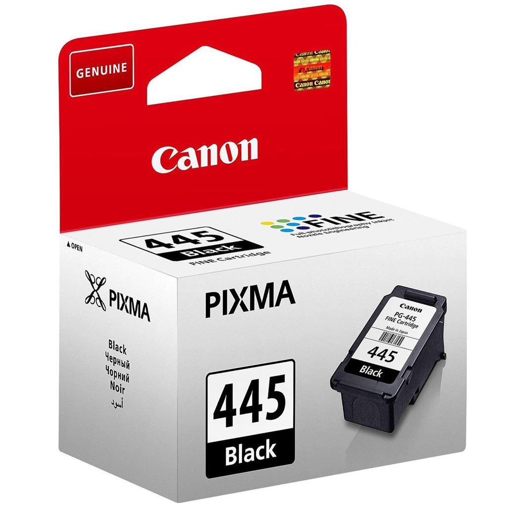 Canon 445 Black Ink Tank cartridge in its original retail packaging, featuring a red and white box with a clear window showing the black cartridge inside.