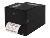 Citizen E321EX thermal transfer label printer in black, shown with a sample print sheet emerging from the front on a white background.