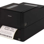 Citizen CL-E321 thermal transfer label printer in black, shown with a sample print sheet emerging from the front on a white background.