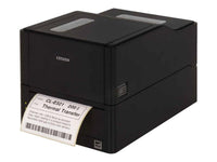 Citizen CL-E321 thermal transfer label printer in black, shown with a sample print sheet emerging from the front on a white background.