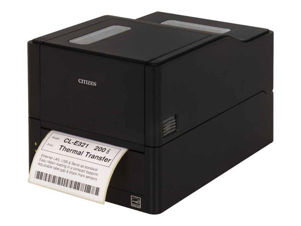 Citizen CL-E321 thermal transfer label printer in black, shown with a sample print sheet emerging from the front on a white background.