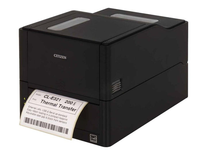 Citizen CL-E321 thermal transfer label printer in black, shown with a sample print sheet emerging from the front on a white background.