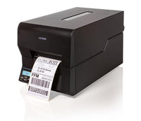 Black label printer with a printed label on a white background