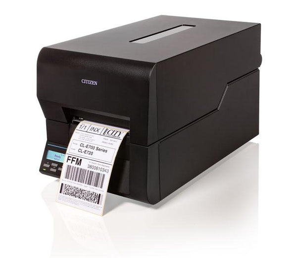 Black label printer with a printed label on a white background