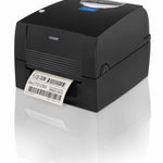 Citizen CL-S321 barcode label printer with a gray chassis, a green display screen, and a white label sheet partially ejected, shown on a plain white background.