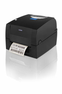 Citizen CL-S321 barcode label printer with a gray chassis, a green display screen, and a white label sheet partially ejected, shown on a plain white background.