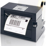 Citizen CL-S400DT barcode label printer with a gray chassis, a green display screen, and a white label sheet partially ejected, shown on a plain white background.