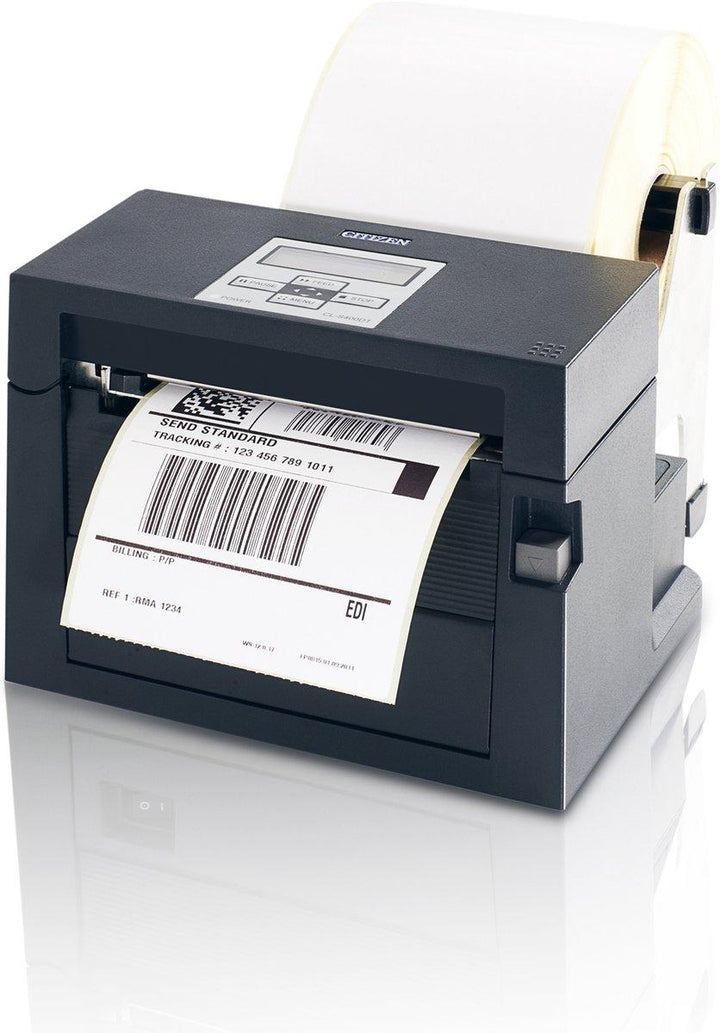 Citizen CL-S400DT barcode label printer with a gray chassis, a green display screen, and a white label sheet partially ejected, shown on a plain white background.