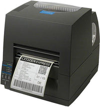 Citizen CL-S621EG barcode label printer with a gray chassis, a green display screen, and a white label sheet partially ejected, shown on a plain white background.