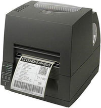 Citizen CL-S621II barcode label printer with a gray chassis, a green display screen, and a white label sheet partially ejected, shown on a plain white background.