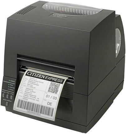 Citizen CL-S621II barcode label printer with a gray chassis, a green display screen, and a white label sheet partially ejected, shown on a plain white background.