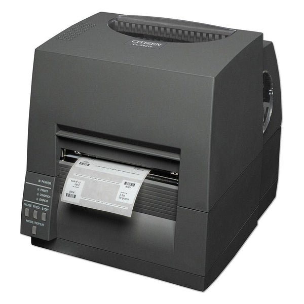 Citizen CL-S7008 barcode label printer with a gray chassis, a green display screen, and a white label sheet partially ejected, shown on a plain white background.