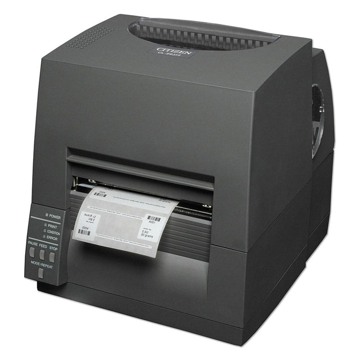 Citizen CL-S7008 barcode label printer with a gray chassis, a green display screen, and a white label sheet partially ejected, shown on a plain white background.