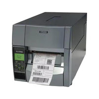 Citizen CL-S700 barcode label printer with a gray chassis, a green display screen on the control panel, and a white printed label sheet emerging from the front.