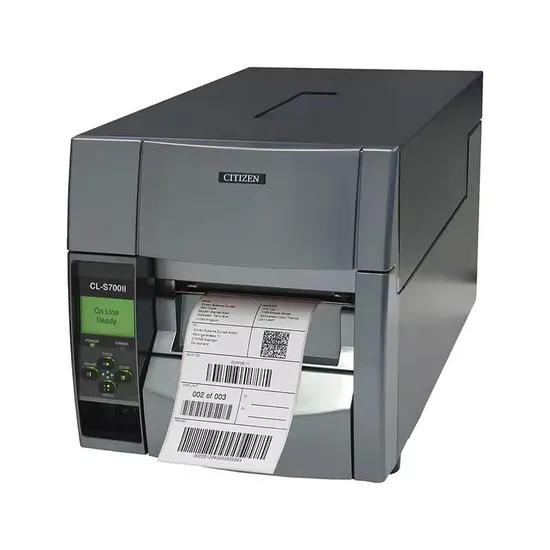 Citizen CL-S700 barcode label printer with a gray chassis, a green display screen on the control panel, and a white printed label sheet emerging from the front.