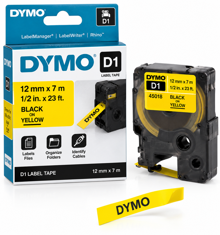 Dymo 45018 D1 Label Tape – 12mm x 7m, Black on Yellow | For Dymo Label Printers