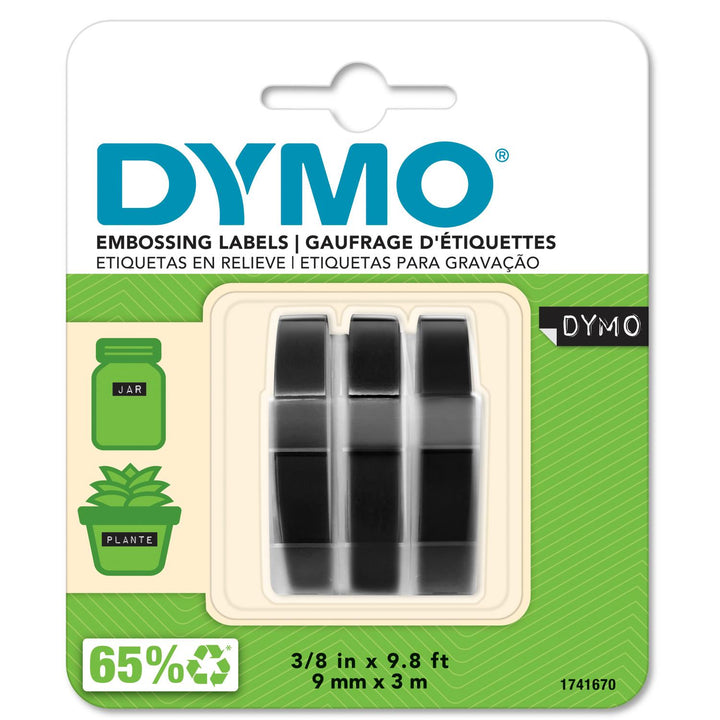 DYMO Embossing Tape 9mm, Black, Self-Adhesive – Pack of 3