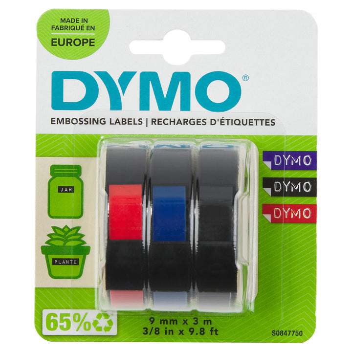 Dymo embossing labels packaging with three labeled rolls on a green and white background.
