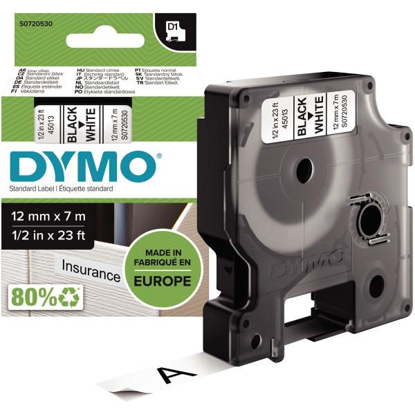 DYMO D1 Standard Label Tape – S0720530, 12 mm × 7 m, Black on White