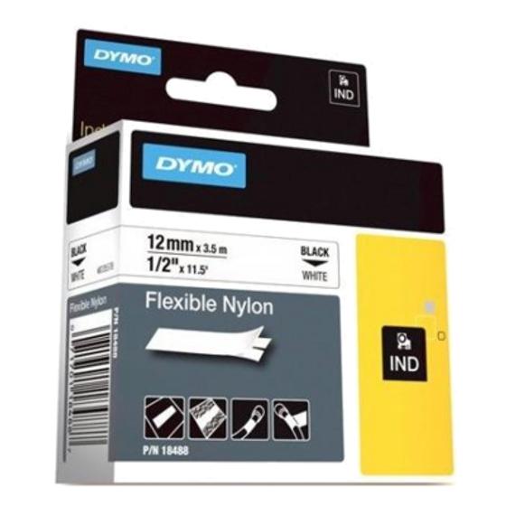 Dymo white plastic label refill tape in its original retail blister packaging, featuring a black tape roll inside a clear plastic casing on a green and white card backing.