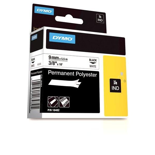 Dymo white plastic label refill tape in its original retail blister packaging, featuring a black tape roll inside a clear plastic casing on a green and white card backing.