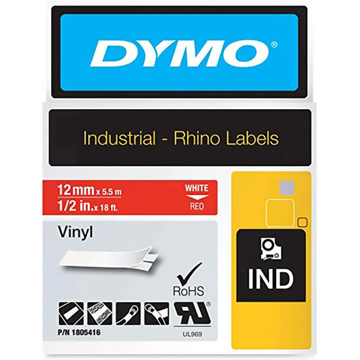 DYMO Industrial Vinyl Labels 12MM – Durable & Reliable, White on Red (Part 1805416)