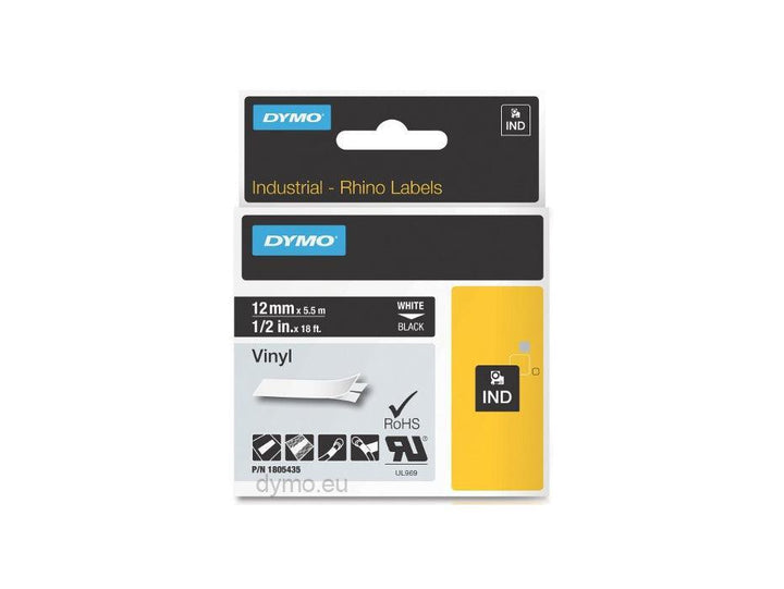 Dymo white plastic label refill tape in its original retail blister packaging, featuring a black tape roll inside a clear plastic casing with a green and white backing card.