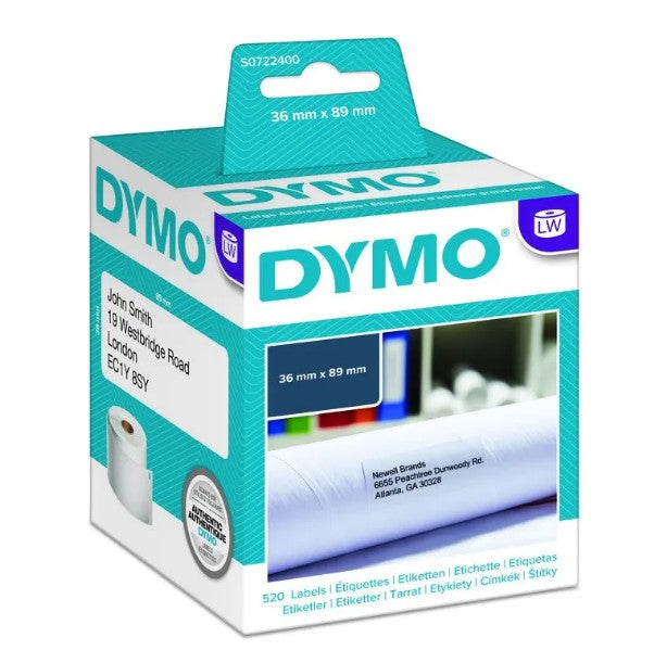 DYMO LabelWriter S0722400 Large Address Labels – 36 × 89mm, Black on White, 520 Labels