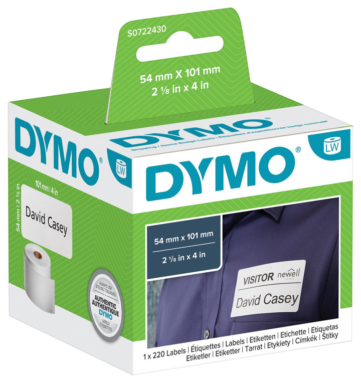 Dymo white plastic label refill tape in its original retail blister packaging, featuring a black tape roll inside a clear plastic casing on a green and white card backing.