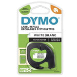 Dymo white plastic label refill tape in its original retail blister packaging, featuring a black tape roll inside a clear plastic casing on a green and white card backing.