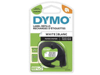 Dymo white plastic label refill tape in its original retail blister packaging, featuring a black tape roll inside a clear plastic casing on a green and white card backing.