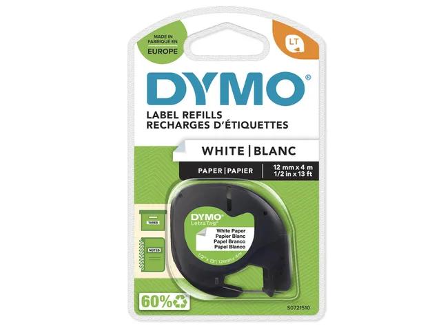 Dymo white plastic label refill tape in its original retail blister packaging, featuring a black tape roll inside a clear plastic casing on a green and white card backing.