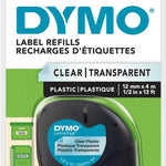 Dymo white plastic label refill tape in its original retail blister packaging, featuring a black tape roll inside a clear plastic casing on a green and white card backing.