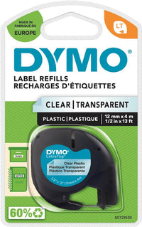 Dymo white plastic label refill tape in its original retail blister packaging, featuring a black tape roll inside a clear plastic casing on a green and white card backing.