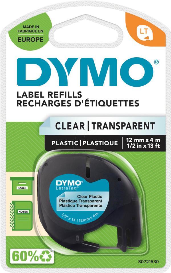 Dymo white plastic label refill tape in its original retail blister packaging, featuring a black tape roll inside a clear plastic casing on a green and white card backing.