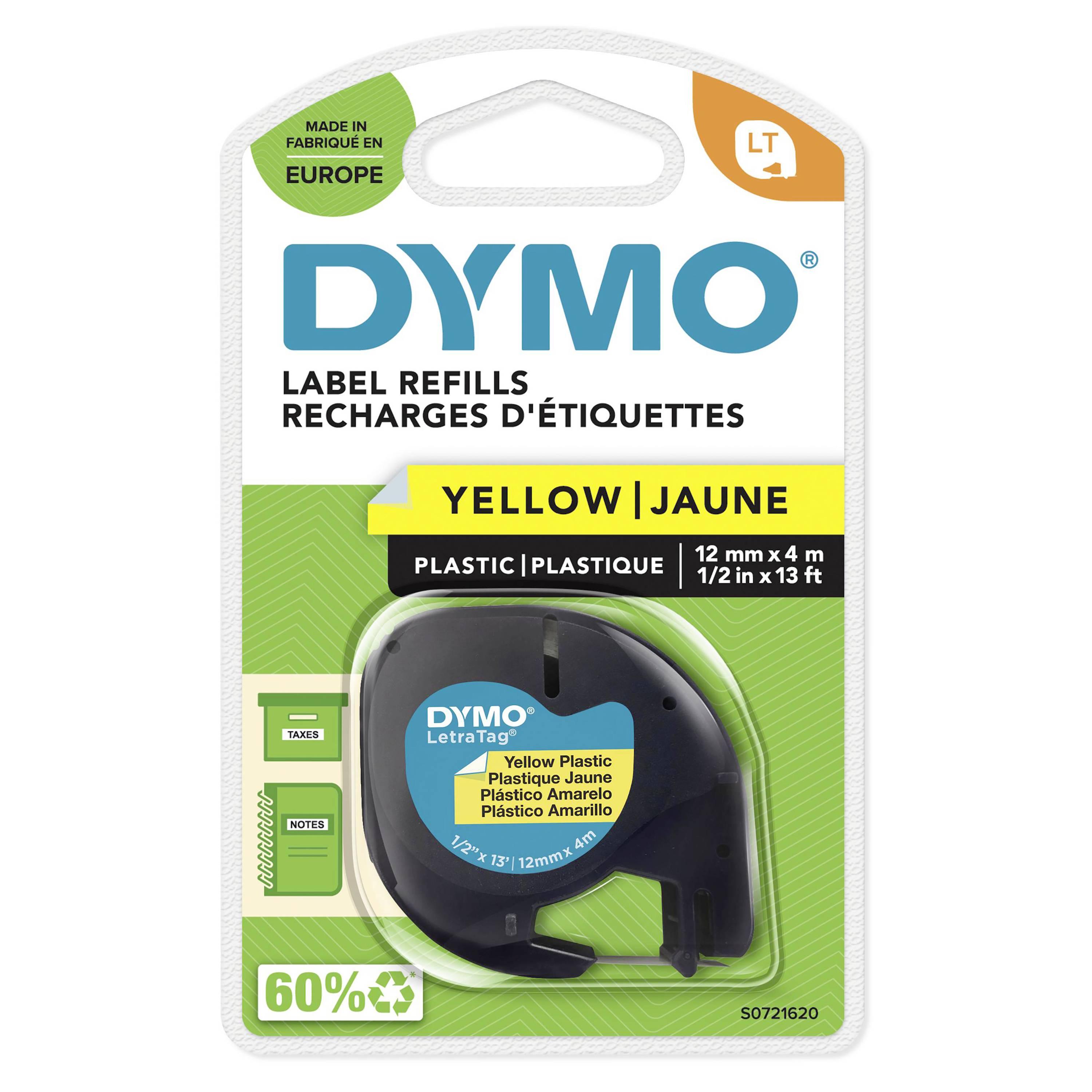 Dymo white plastic label refill tape in its original retail blister packaging, featuring a black tape roll inside a clear plastic casing on a green and white card backing.