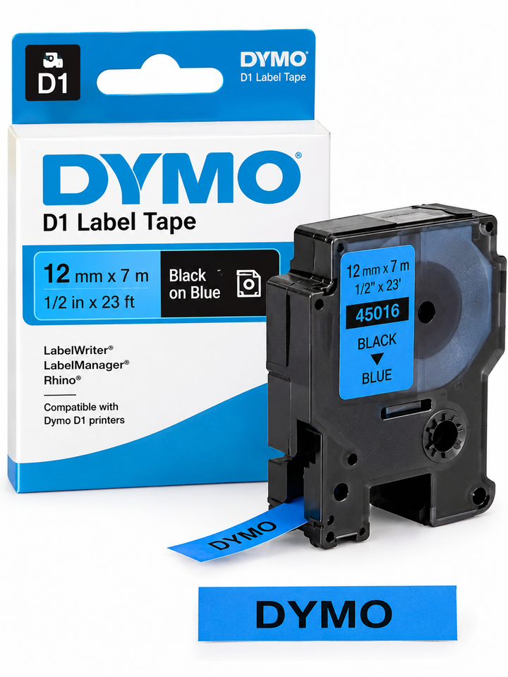 Dymo 45016 D1 Label Tape – 12mm x 7m, Black on Blue | For Dymo Label Printers